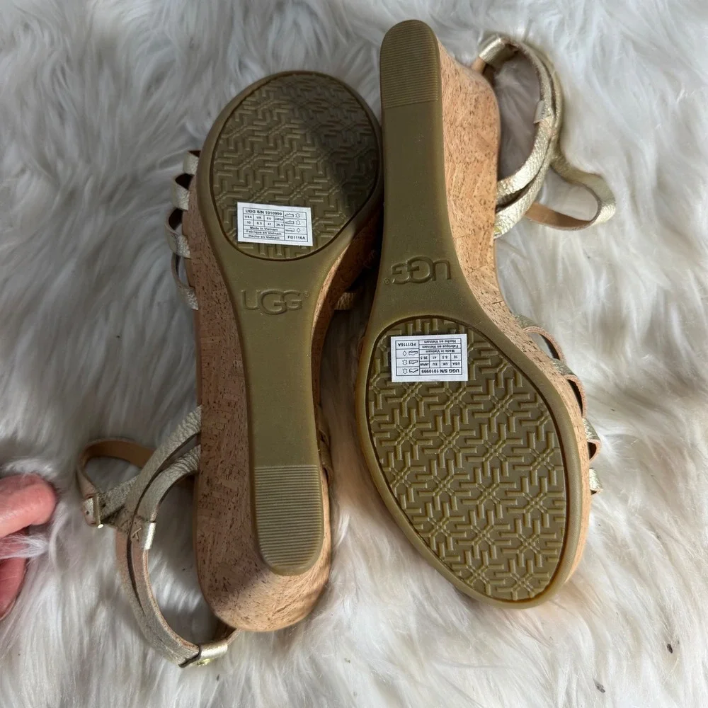 UGG Brigitte Metallic Gold Strappy Cork Wedge Sandals FD11164 Size 10
